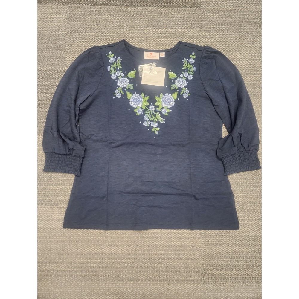 Quacker Factory Women's Top Sz S Indigo Floral Smocked Cuff Navy Blue  A677836‎